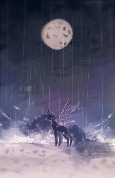 Size: 792x1224 | Tagged: semi-grimdark, artist:prancingcrow, derpibooru import, princess luna, alicorn, pony, moon, night, rain, solo