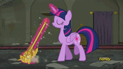 Size: 500x281 | Tagged: safe, derpibooru import, edit, edited screencap, screencap, applejack, rainbow dash, twilight sparkle, twilight sparkle (alicorn), alicorn, pony, the saddle row review, animated, broom, crossing the memes, discovery family logo, exploitable meme, female, mare, meme, scepter, sweeping, sweepsweepsweep, twilight scepter, twilight scepter meme, twilight sweeple