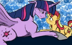 Size: 1024x640 | Tagged: safe, artist:angeltorchic, derpibooru import, sunset shimmer, twilight sparkle, twilight sparkle (alicorn), pony, equestria girls, blushing, cuddling, cute, female, lesbian, prone, shimmerbetes, shipping, size difference, snuggling, sunsetsparkle