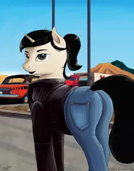 Size: 2618x3314 | Tagged: safe, artist:apocheck13, derpibooru import, oc, oc:elya, unofficial characters only, pony, unicorn, car, clothes, desert, jacket, jeans, looking back, pants, ponytail, truck