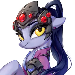 Size: 1545x1545 | Tagged: safe, artist:rocy canvas, derpibooru import, ponified, pony, female, floppy ears, looking at you, mare, overwatch, ponytail, simple background, solo, white background, widowmaker