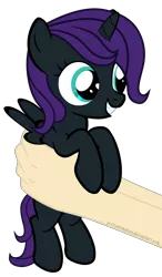 Size: 4617x7917 | Tagged: safe, artist:justisanimation, derpibooru import, oc, oc:nyx, unofficial characters only, alicorn, human, pony, fanfic:past sins, absurd resolution, alicorn oc, cute, daaaaaaaaaaaw, female, filly, flash, hand, hnnng, holding a pony, justis holds a pony, nyxabetes, simple background, smiling, transparent background, vector, weapons-grade cute