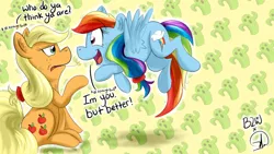 Size: 900x506 | Tagged: safe, artist:bow2yourwaifu, artist:phuocthiencreation, derpibooru import, applejack, rainbow dash, earth pony, pegasus, pony, annoyed, ashleigh ball, backwards cutie mark, collaboration, ear fluff, female, flying, mare, raised hoof, signature, sitting, voice actor joke