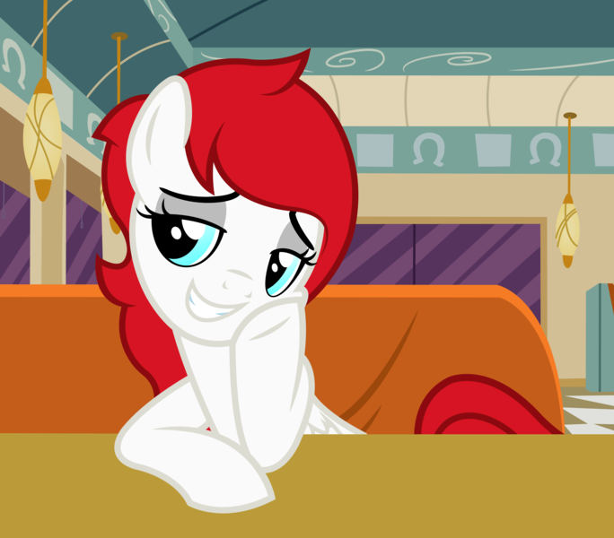 Size: 4485x3933 | Tagged: safe, artist:outlawedtofu, derpibooru import, oc, oc:air raid, unofficial characters only, pegasus, pony, the saddle row review, absurd resolution, bedroom eyes, booth, diner, male, restaurant, smiling, table, trap