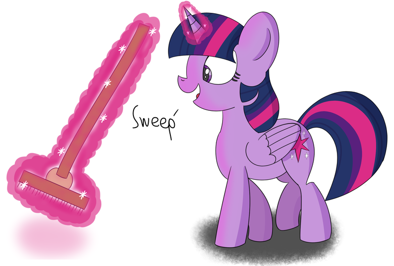 Size: 2269x1531 | Tagged: safe, artist:pastelhorses, derpibooru import, twilight sparkle, twilight sparkle (alicorn), alicorn, pony, the saddle row review, broom, female, magic, mare, solo, sweeping, sweepsweepsweep, twilight sweeple