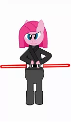 Size: 750x1280 | Tagged: anthro, arm hooves, artist:darkduskshine, bubble berry, bubblini davinci berry, clothes, cosplay, costume, crossover, darth maul, derpibooru import, double lightsaber, lightsaber, pinkamena diane pie, pinkie pie, rule 63, safe, simple background, sith, star wars, weapon, white background