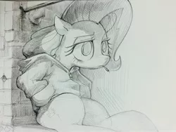 Size: 3264x2448 | Tagged: artist:bluedrg19, cigarette, clothes, derpibooru import, fluttershy, frown, grayscale, hoodie, monochrome, pencil drawing, safe, sitting, smoking, solo, traditional art