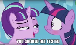 Size: 834x499 | Tagged: bedroom eyes, blushing, derpibooru import, edit, edited screencap, exploitable, exploitable meme, eye contact, frown, image macro, meme, open mouth, s5 starlight, screencap, sexually transmitted disease, smiling, starlight glimmer, starlight's secret, suggestive, text, twilight sparkle, twilight sparkle (alicorn), uh oh, wide eyes