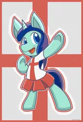 Size: 819x1207 | Tagged: safe, artist:fiakaiera, derpibooru import, oc, oc:helix, unofficial characters only, pony, unicorn, bipedal, britain, clothes, country, cute, england, flag, happy, open mouth, pleated skirt, shirt, skirt, solo, standing, united kingdom