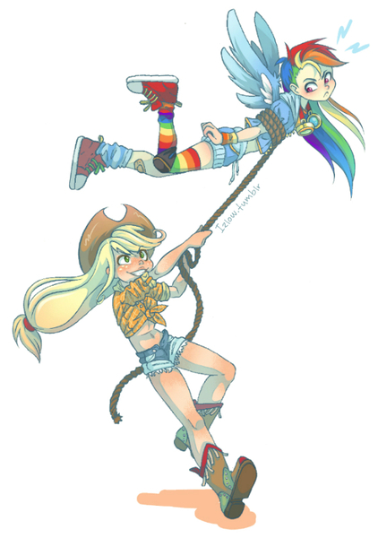 Size: 563x800 | Tagged: safe, artist:izlow, derpibooru import, applejack, rainbow dash, human, appledash, clothes, converse, female, flying, humanized, lasso, lesbian, rainbow socks, shipping, shoes, sneakers, socks, striped socks