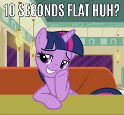 Size: 774x719 | Tagged: 10 seconds flat, bedroom eyes, caption, derpibooru import, image macro, meme, reaction image, safe, smiling, smug, smuglight sparkle, solo, text, the saddle row review, twilight sparkle, twilight sparkle (alicorn)