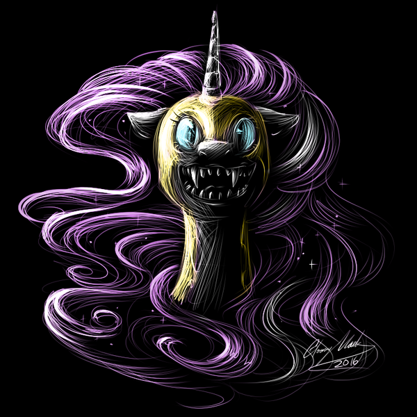 Size: 750x750 | Tagged: artist:its-gloomy, derpibooru import, fangs, helmet, looking at you, nightmare fuel, nightmare rarity, semi-grimdark, sharp teeth, solo