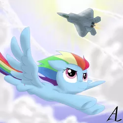 Size: 1500x1500 | Tagged: ace combat, artist:acesrockz, cloud, crossover, derpibooru import, f-22 raptor, flying, looking up, mobius one, rainbow dash, safe, sky, solo