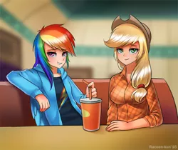 Size: 750x630 | Tagged: applejack, artist:racoonsan, bedroom eyes, beverage, cafe, clothes, cowboy hat, cup, derpibooru import, duo, duo female, female, freckles, hat, human, humanized, interview, looking at you, manehattan, rainbow dash, safe, scene interpretation, sitting, smiling, stetson, straw, table, the saddle row review, winged humanization
