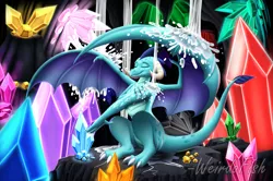 Size: 1354x899 | Tagged: artist:weirdofish, bathing, cave, crystal, derpibooru import, dragon, dragoness, eyes closed, female, gauntlet of fire, misleading thumbnail, princess ember, safe, shower, solo, spread wings, water, wings