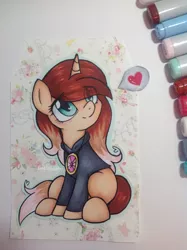 Size: 1936x2592 | Tagged: safe, artist:chelseaz123, derpibooru import, oc, oc:cindy, unofficial characters only, unicorn, clothes, copic, drawing, female, heart, hoodie, jewelry, mare, marker, marker drawing, markers, pendant, solo, traditional art