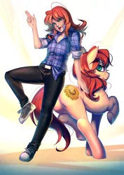 Size: 990x1400 | Tagged: artist:bakki, butt, clothes, converse, derpibooru import, duality, fanfic art, fanfic:project sunflower, human, humanized, humanized ponified human, human ponidox, oc, oc:erin olsen, oc:sunflower, plot, ponified, safe, shoes, smiling, smirk, sneakers, underhoof, unofficial characters only