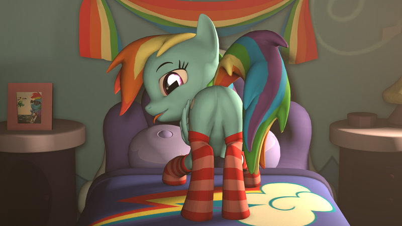 Size: 1920x1080 | Tagged: suggestive, artist:yellencandy, derpibooru import, rainbow dash, pony, 3d, bed, clothes, featureless crotch, female, gmod, plot, socks, solo, source filmmaker, striped socks