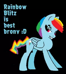 Size: 486x542 | Tagged: artist:remixpop122, :d, derpibooru import, op is a silly pony, rainbow blitz, rainbow dash, rule 63, safe, solo, text