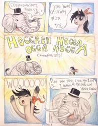 Size: 1068x1372 | Tagged: artist avatar, artist:thefriendlyelephant, award show, comic, comic:the hoggash awards, derpibooru import, duo, elephant, feather, hat, microphone, oc, oc:mooncatcher, oc:obi, random idea, ribbon, safe, silly, speech bubble, top hat, traditional art, unofficial characters only