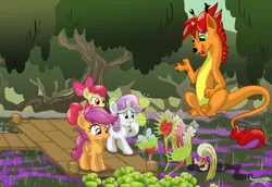 Size: 4796x3300 | Tagged: safe, artist:lostinthetrees, derpibooru import, apple bloom, scootaloo, sweetie belle, oc, oc:deimhal, dragon, parasprite, absurd resolution, butterwort, carnivorous plant, cobra lily, cutie mark crusaders, fanfic art, furry, image, licking, licking lips, monster, parrot pitcher plant, pitcher plant, plant, plant vore, png, predation, sundew, tongue out, venus flytrap