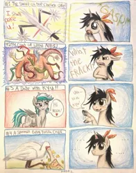 Size: 791x1009 | Tagged: artist:thefriendlyelephant, bedroom eyes, coat of arms, coat of literal arms, comic, comic:the hoggash awards, date, derpibooru import, expressions, feather, oc, oc:kyuflake, oc:mooncatcher, safe, spoonbill, sword, tortilla chips, traditional art, unofficial characters only, unshorn fetlocks, waving, weapon, wtf