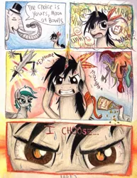 Size: 785x1019 | Tagged: safe, artist:thefriendlyelephant, derpibooru import, oc, oc:kyuflake, oc:mooncatcher, oc:obi, unofficial characters only, elephant, pegasus, pony, unicorn, comic:the hoggash awards, choice, coat of arms, coat of literal arms, comic, decision, extreme, extreme concentration, hat, heart, microphone, spoonbill, top hat, tortilla chips, traditional art