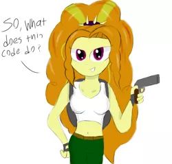 Size: 1678x1605 | Tagged: suggestive, artist:mildockart, derpibooru import, adagio dazzle, equestria girls, rainbow rocks, belly button, crossover, dialogue, gun, handgun, humanized, lara croft, midriff, pistol, question, simple background, solo, tomb raider, weapon, white background