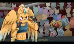 Size: 3800x2255 | Tagged: safe, alternate version, artist:nolycs, derpibooru import, applejack, rainbow dash, oc, oc:cloud burst, anthro, abs, anthro oc, appleblitz (straight), appledash, armpits, belly button, clothes, dialogue, female, fight, fingerless gloves, gloves, half r63 shipping, heterochromia, male, midriff, mma, muscles, next generation, offspring, parent:applejack, parent:rainbow blitz, parent:rainbow dash, parents:appleblitz (straight), parents:appledash, rainbow blitz, rule 63, shipping, sports bra, straight, vulgar