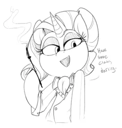 Size: 683x716 | Tagged: artist:whydomenhavenipples, cigarette, cigarette holder, clothes, derpibooru import, dexterous hooves, dialogue, eyeshadow, grayscale, hoof hold, makeup, monochrome, open mouth, rarity, safe, semi-anthro, shirt, smoking, solo