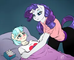 Size: 700x567 | Tagged: safe, artist:pia-sama, derpibooru import, coco pommel, rarity, anthro, earth pony, unicorn, the saddle row review, bed, blanket, cocobetes, cute, female, flu, mama rarity, sick, smiling