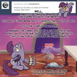 Size: 900x900 | Tagged: safe, artist:1trick, derpibooru import, oc, oc:night stitch, unofficial characters only, bat pony, pony, ask night stitch, ask, mop, solo, tape, tumblr