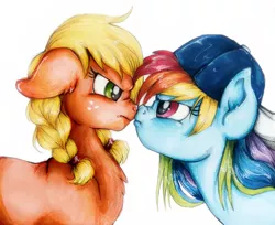 Size: 832x680 | Tagged: safe, artist:buttersprinkle, derpibooru import, applejack, rainbow dash, alternate hairstyle, angry, backwards ballcap, baseball cap, boop, braid, clothes, cute, dashabetes, grumpy, hat, jackabetes, nose wrinkle, noseboop, scrunch battle, traditional art