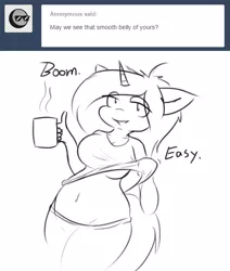 Size: 533x628 | Tagged: anthro, artist:tunderi, belly button, breasts, clothes, coffee mug, derpibooru import, dialogue, female, oc, oc:tess, shirt, shirt lift, solo, solo female, suggestive, underboob, unofficial characters only