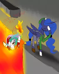 Size: 1024x1280 | Tagged: artist:delirious-artist, crossover, derpibooru import, facehoof, fail, lava, luigi, mane of fire, mario, princess celestia, princess luna, royal sisters, safe, super mario bros., two best sisters play