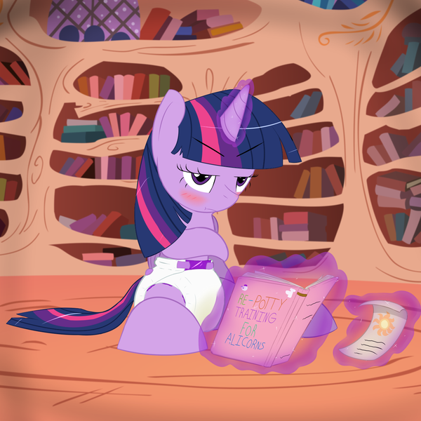 Size: 1280x1280 | Tagged: questionable, artist:ricktin, derpibooru import, twilight sparkle, twilight sparkle (alicorn), alicorn, pony, blushing, book, diaper, diaper fetish, female, incontinent, levitation, magic, mare, potty training, solo, solo female, telekinesis, urine, wet diaper