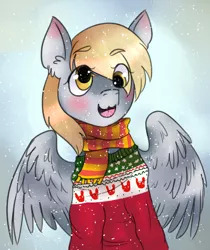 Size: 1280x1522 | Tagged: safe, artist:aude-okami, derpibooru import, derpy hooves, pegasus, pony, christmas, clothes, cute, female, hearts warming day, mare, scarf, snow, snowfall, solo, spread wings, sweater