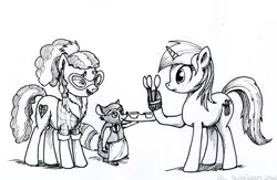 Size: 800x523 | Tagged: safe, artist:el-yeguero, derpibooru import, lyra heartstrings, plaid stripes, earth pony, pony, raccoon, unicorn, the saddle row review, female, grayscale, mare, monochrome, spoon, traditional art