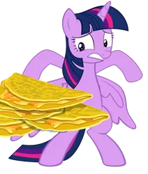 Size: 927x1092 | Tagged: safe, artist:bluetech, derpibooru import, edit, twilight sparkle, twilight sparkle (alicorn), alicorn, pony, the saddle row review, female, food, inkscape, mare, quesadilla, simple background, solo, spread wings, standing, they're just so cheesy, transparent background, twilight is afraid of quesadillas, vector