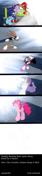 Size: 1024x4216 | Tagged: safe, artist:penguin04, derpibooru import, pinkie pie, rainbow dash, rarity, spike, twilight sparkle, twilight sparkle (alicorn), alicorn, pony, absurd resolution, comic, crossover, knuckles the echidna, master emerald, miles "tails" prower, pinkie being pinkie, rouge the bat, shadow the hedgehog, sonic the hedgehog, sonic the hedgehog (series)