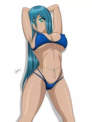 Size: 600x795 | Tagged: suggestive, artist:thebrokencog, derpibooru import, queen chrysalis, human, armpits, belly button, big breasts, bikini, blue swimsuit, bra, breasts, busty queen chrysalis, clothes, commission, dark skin, erect nipples, female, humanized, long hair, nipple outline, nudity, sexy, signature, solo, solo female, stupid sexy chrysalis, swimsuit, thong swimsuit