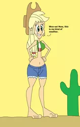 Size: 1024x1630 | Tagged: safe, artist:hunterxcolleen, derpibooru import, applejack, human, equestria girls, belly button, bikini, bikini top, cactus, clothes, desert, feet, humanized, sand, shorts, swimsuit, talking