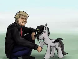 Size: 1024x768 | Tagged: safe, artist:arrwulf, derpibooru import, oc, oc:eventide blossom, unofficial characters only, bat pony, human, pony, cap, colored wings, cute, donald trump, female, freckles, handshake, hat, hoofshake, male, multicolored hair, multicolored wings, politics