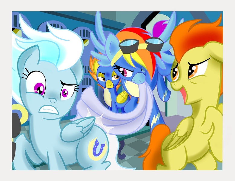 Size: 1141x880 | Tagged: safe, artist:succubi samus, derpibooru import, blaze, fleetfoot, rainbow dash, spitfire, pegasus, pony, newbie dash, clothes, cute, female, frame, locker room, mare, open mouth, plot, rainbow crash, shenanigans, slap, smiling, spanking, towel, towel snap, wonderbolts, wonderbolts uniform