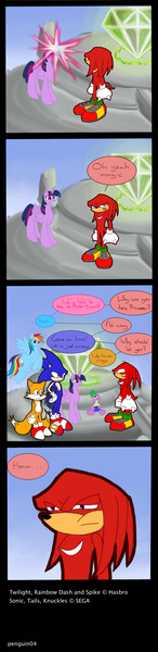 Size: 1024x4216 | Tagged: safe, artist:penguin04, derpibooru import, rainbow dash, spike, twilight sparkle, twilight sparkle (alicorn), alicorn, fox, pony, absurd resolution, comic, crossover, female, knuckles the echidna, mare, master emerald, miles "tails" prower, sonic the hedgehog, sonic the hedgehog (series)