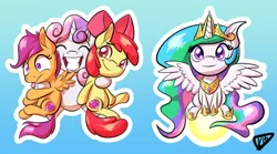 Size: 630x350 | Tagged: apple bloom, artist:paradigmpizza, cutie mark, cutie mark crusaders, derpibooru import, grin, hug, princess celestia, safe, scootaloo, sitting, spread wings, sun, sweetie belle, tangible heavenly object, the cmc's cutie marks