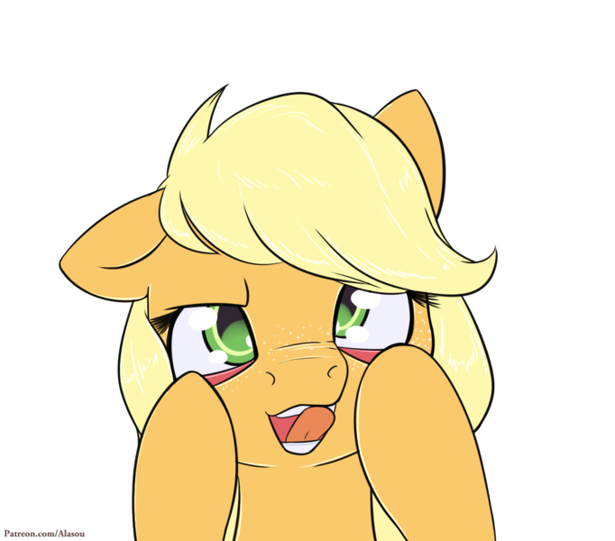 Size: 1250x1100 | Tagged: safe, artist:alasou, deleted from derpibooru, derpibooru import, applejack, pony, cute, jackabetes, looking at you, silly, silly face, silly pony, simple background, solo, transparent background, who's a silly pony