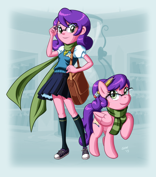 Size: 1188x1350 | Tagged: safe, artist:shaxbert, derpibooru import, oc, oc:bookish delight, unofficial characters only, pegasus, pony, equestria girls, clothes, converse, cute, glasses, human ponidox, looking at you, pencil, pleated skirt, ponysona, raised hoof, scarf, school uniform, shoes, skirt, smiling, socks, sweater vest