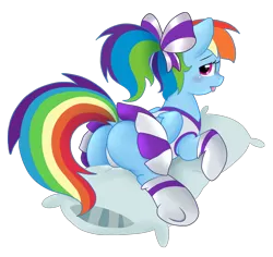 Size: 1944x1835 | Tagged: suggestive, artist:pridark, derpibooru import, rainbow dash, pegasus, pony, adorasexy, blushing, bow, butt, cheerleader, clothes, cute, female, hair bow, mare, panties, pillow, plot, ponytail, rainbow dash always dresses in style, rainbutt dash, raised tail, sexy, simple background, skirt, socks, solo, solo female, tail, tomboy taming, transparent background, underwear