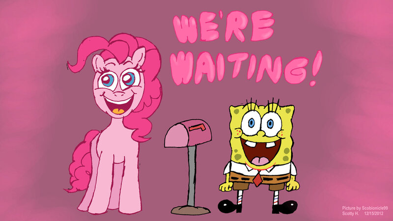 Size: 1191x670 | Tagged: safe, artist:scobionicle99, derpibooru import, pinkie pie, wonderbolts academy, exploitable meme, image, jpeg, mailbox, mailbox meme, meme, reference, spongebob squarepants, spongebob squarepants (character), waiting